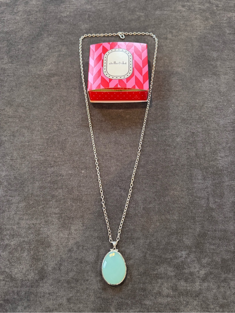 Stella & Dot Silver Necklace with Blue Green and Gray Reversible Oval Pendant